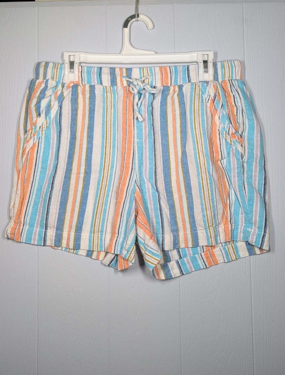 Briggs Shorts Womens Size L Blue Striped Linen Blend Pull On Chino 5 Inch Inseam